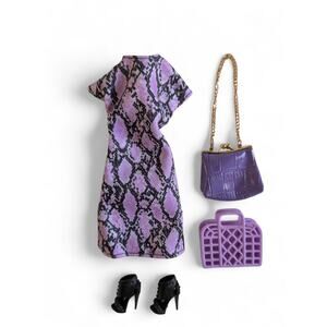 Barbie Doll Clothes Black Purple Animal Print Dress Mini Brands Chain Handbag